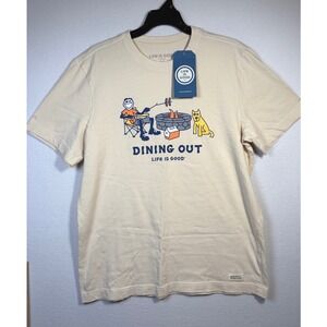 Life is Good T-Shirt Mens M Cream NWT Dining Out Campfire Graphic Crusher Tee